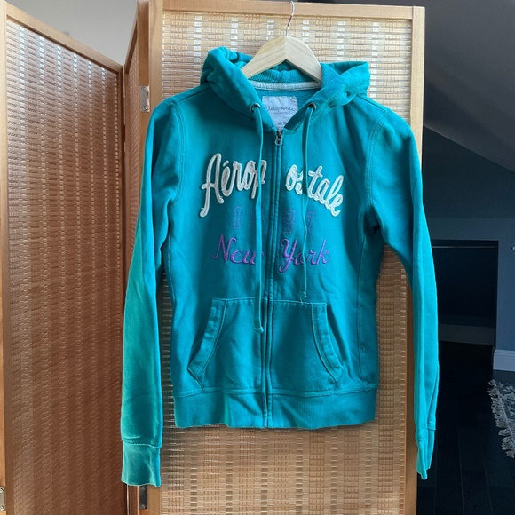 Y2K AEROPOSTALE NEW YORK TEAL FULL ZIP CURSIVE HOODIE SWEATSHIRT - Picture 1 of 12